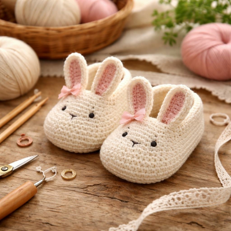 Chaussons bébé lapin au crochet — Patron gratuit et guide pas à pas